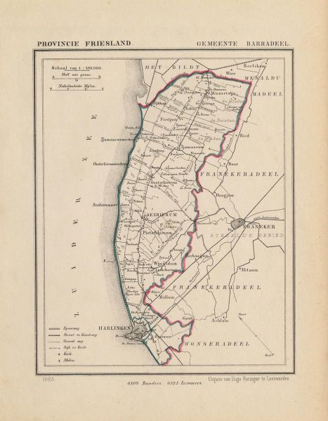 Historische kaart, plattegrond van gemeente Barradeel in Friesland uit 1867